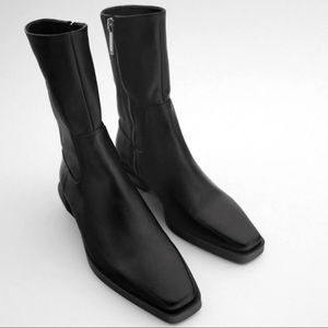 NWT. ZARA Healed leather Squared toe ankle boots